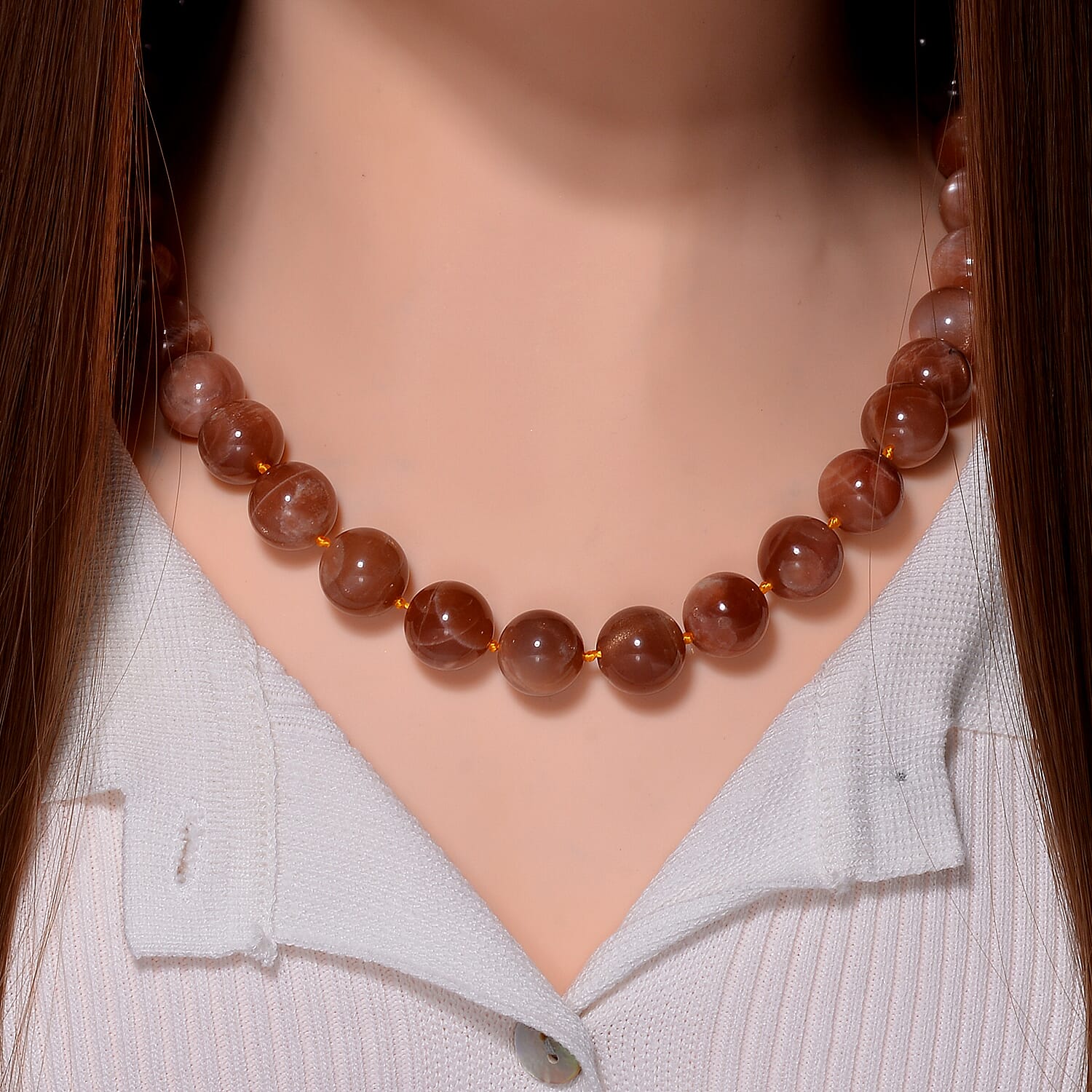 Peach Moonstone Necklace (Size - 20) in Rhodium Overlay