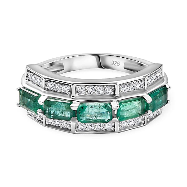 Premium Emerald and Moissanite Half-Eternity Ring in Rhodium Overlay ...