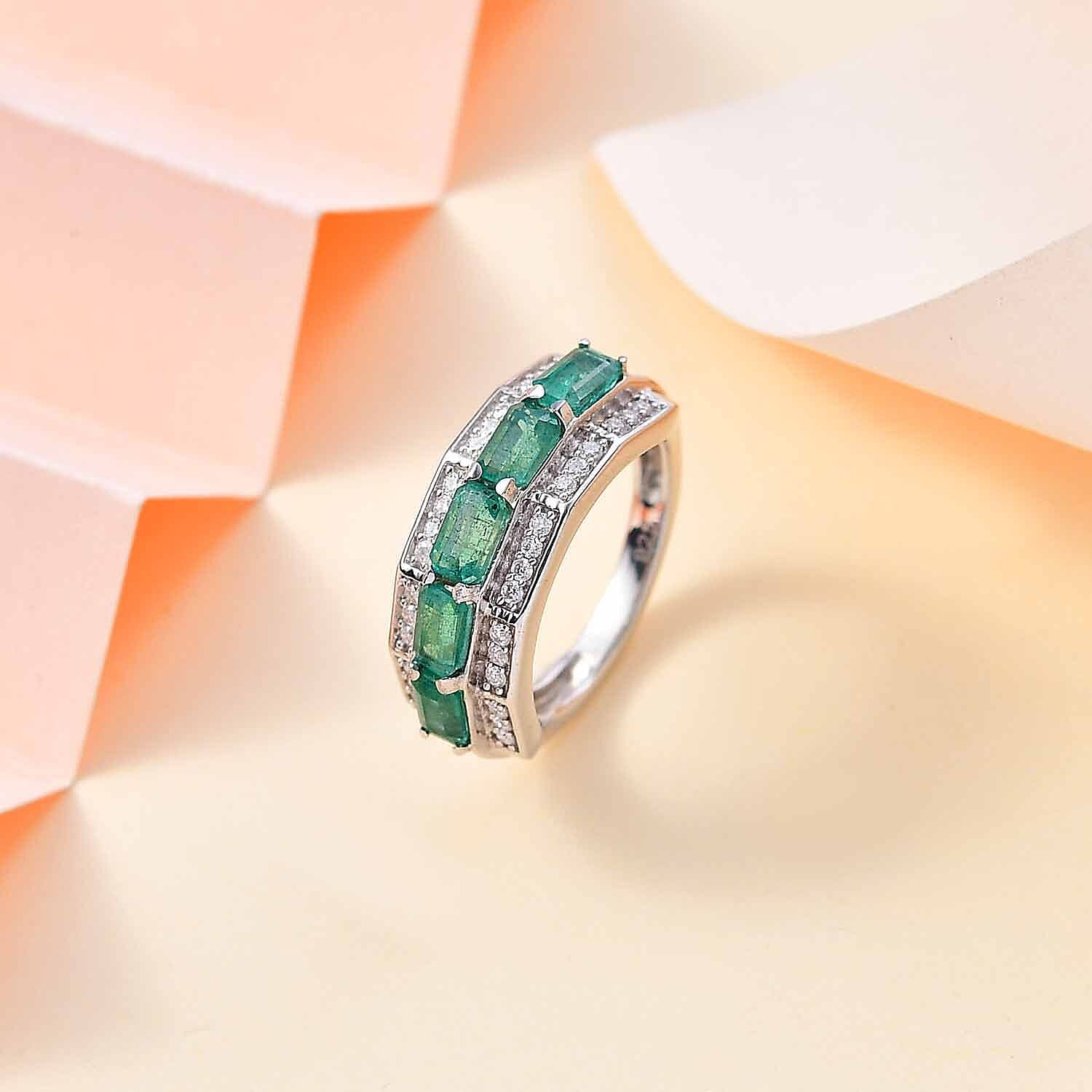 Premium Emerald & Moissanite Half-Eternity Ring in Rhodium Sterling Silver 1.73 Ct.