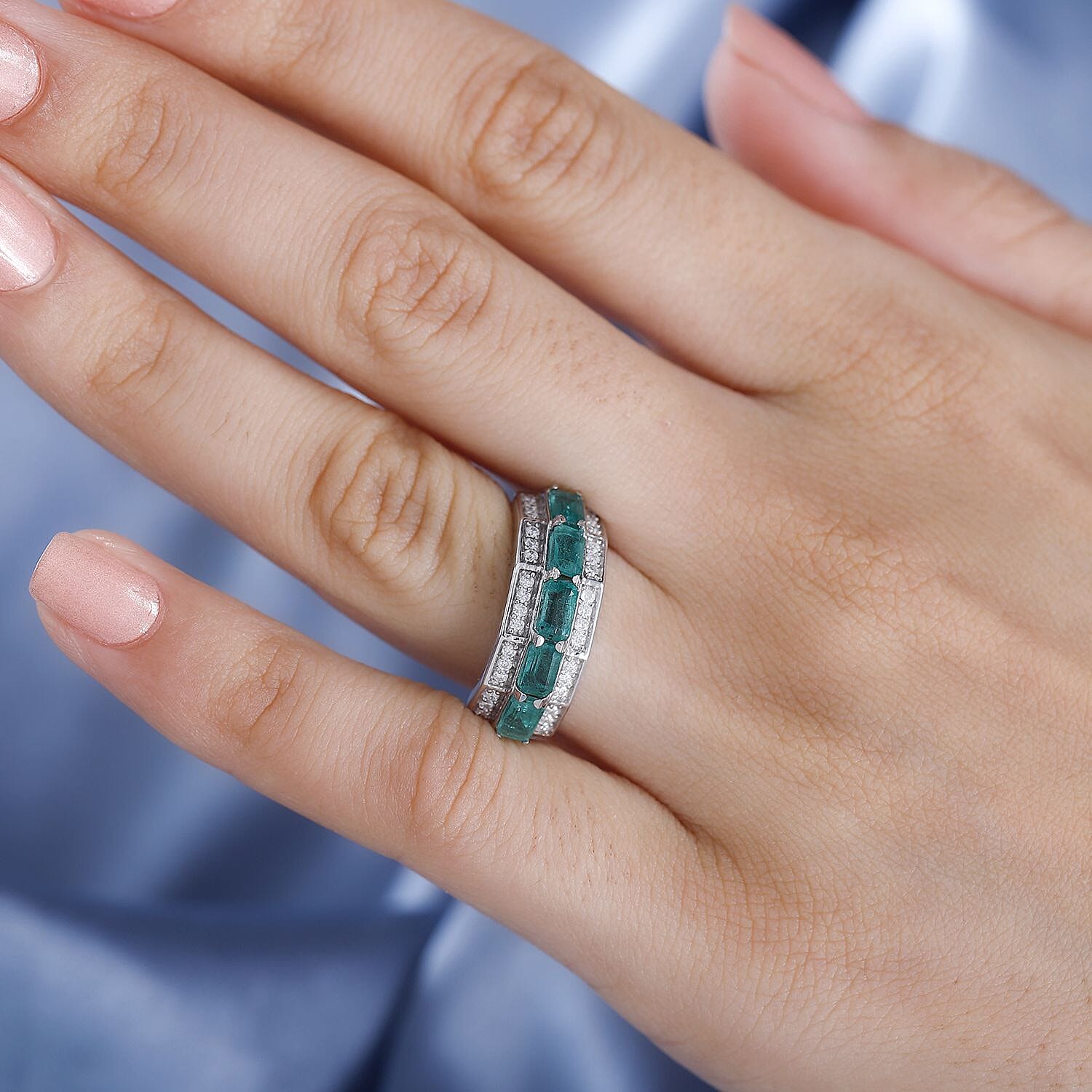 Premium Emerald & Moissanite Half-Eternity Ring in Rhodium Sterling Silver 1.73 Ct.