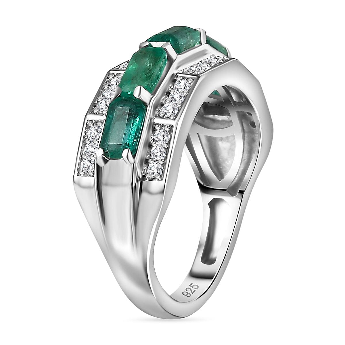 Premium Emerald & Moissanite Half-Eternity Ring in Rhodium Sterling Silver 1.73 Ct.