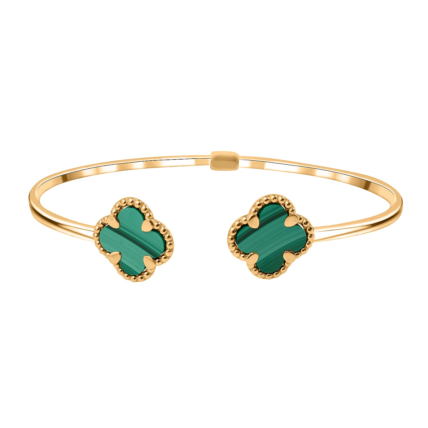 Designer Inspired - 9K Yellow Gold Created Malachite Clover Adjustable Cuff Bangle 4 Grams