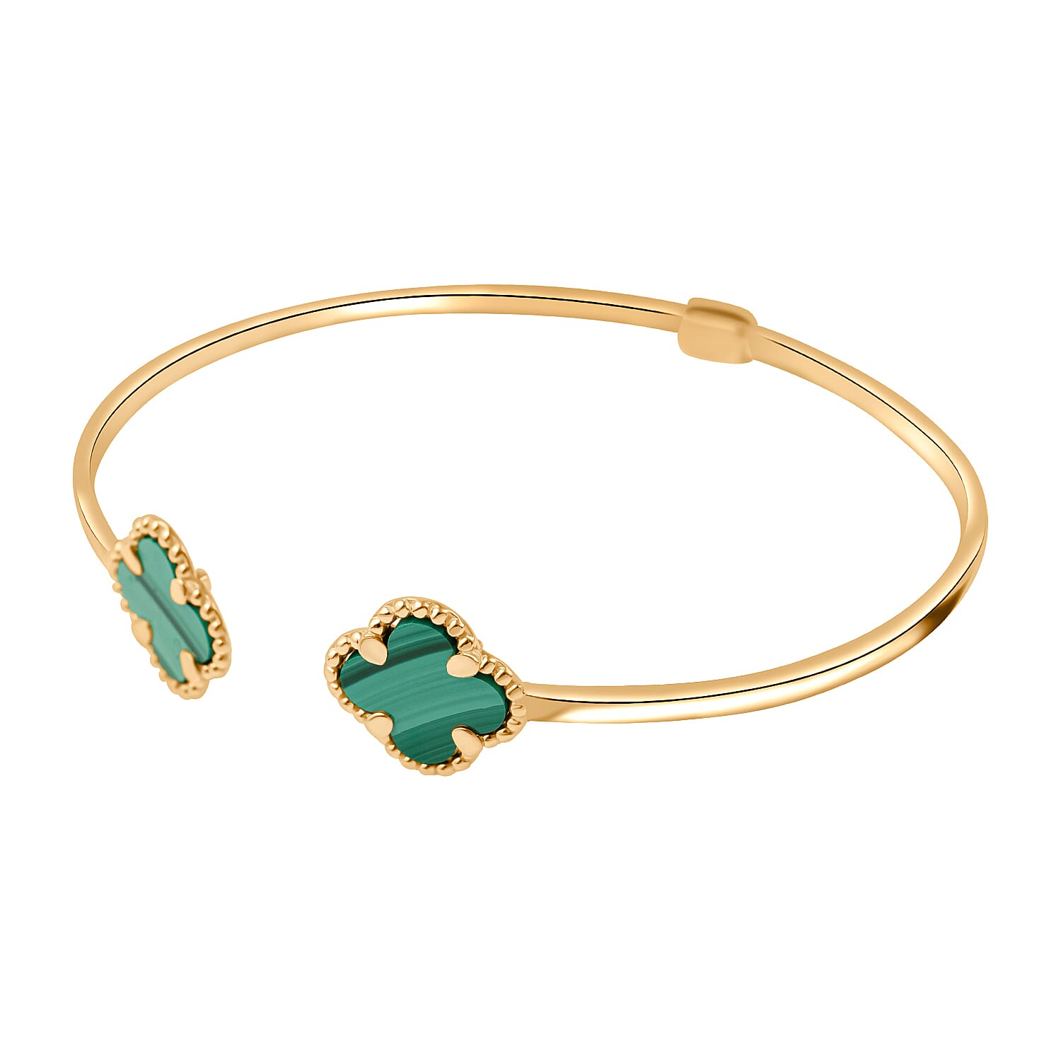 Designer Inspired - 9K Yellow Gold Created Malachite Clover Adjustable Cuff Bangle 4 Grams