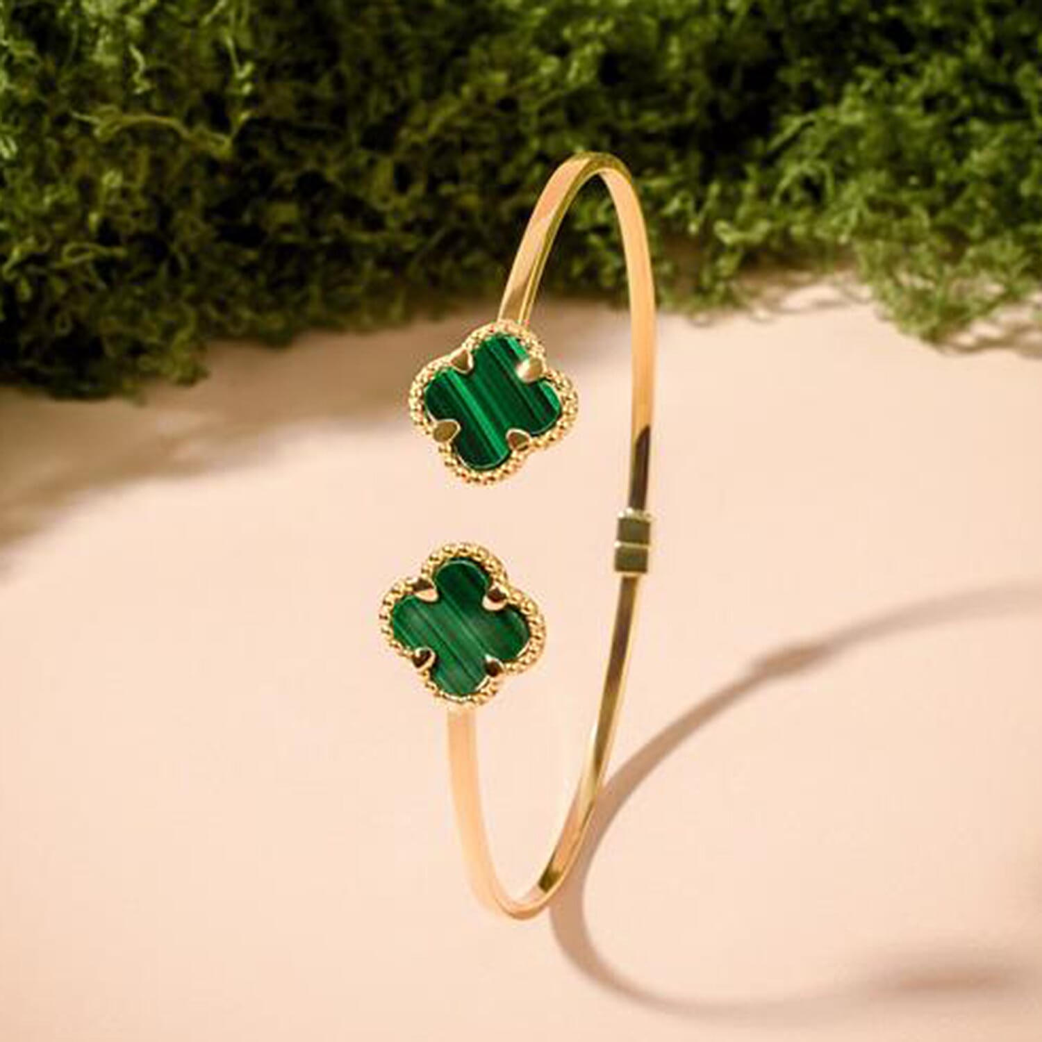 Designer Inspired - 9K Yellow Gold Created Malachite Clover Adjustable Cuff Bangle 4 Grams