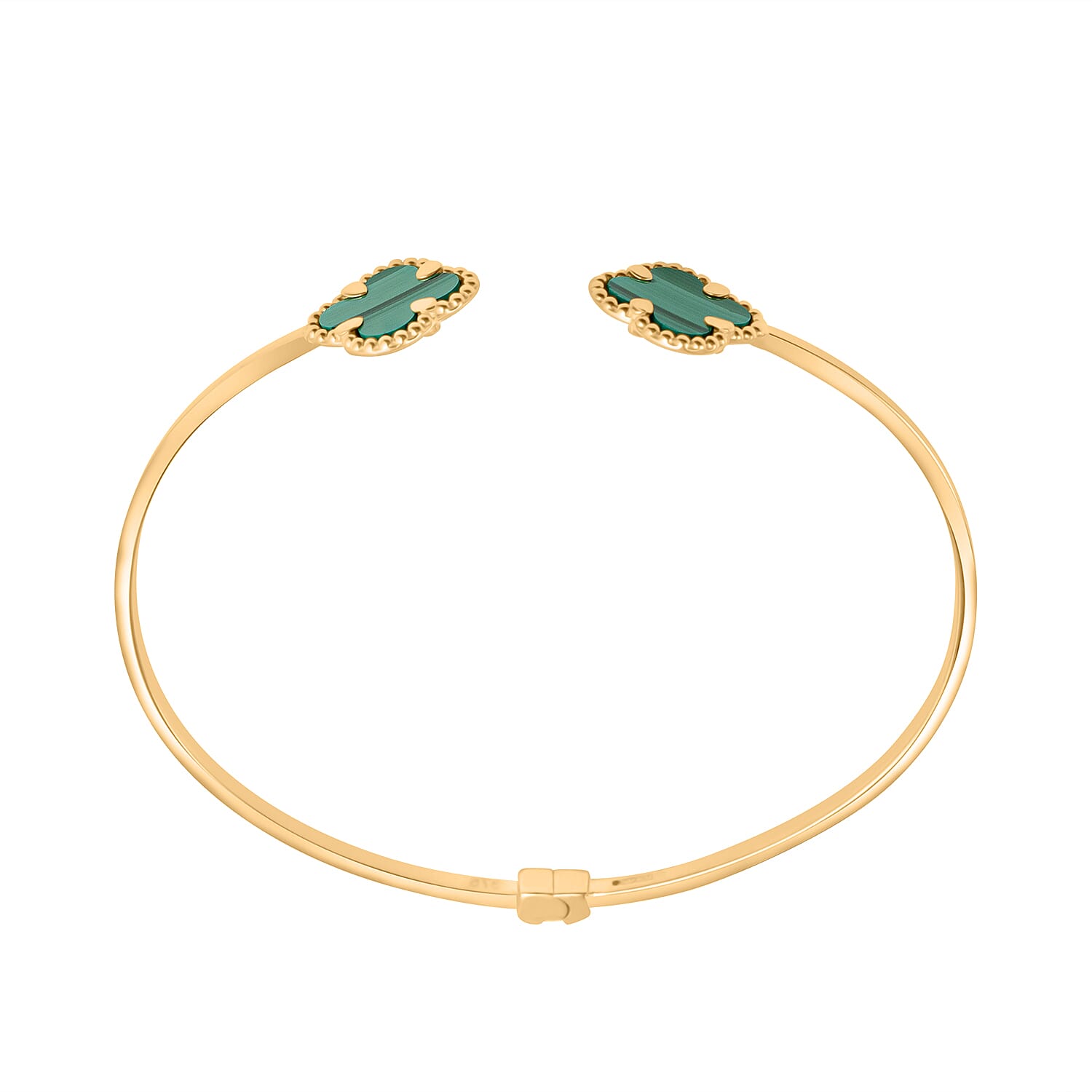 Designer Inspired - 9K Yellow Gold Created Malachite Clover Adjustable Cuff Bangle 4 Grams