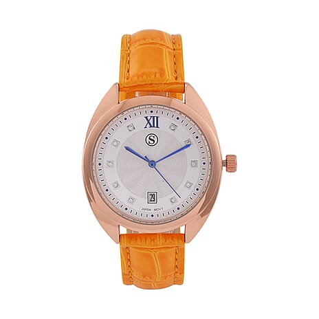 STRADA - Japanese Mov,  White Crystal Watch - Orange