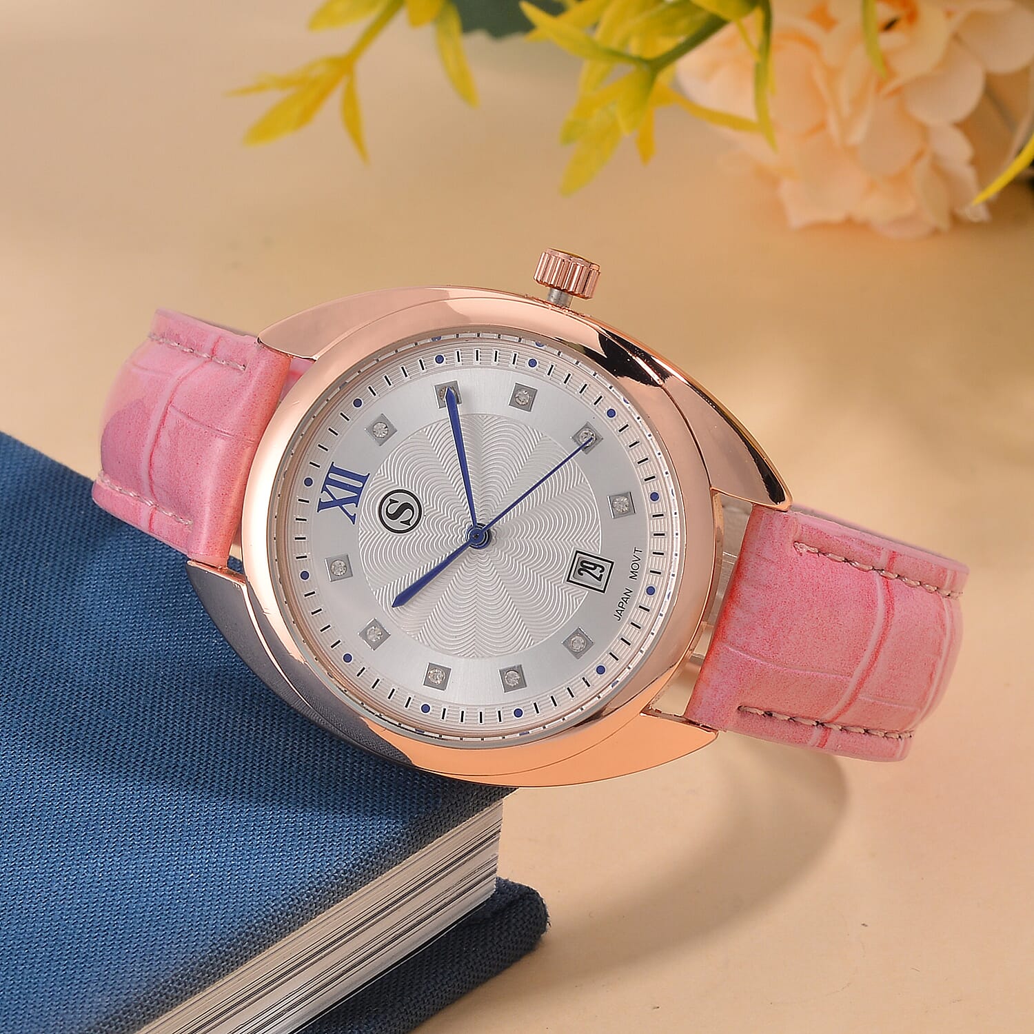 STRADA - Japanese Mov,  White Crystal Watch - Pink