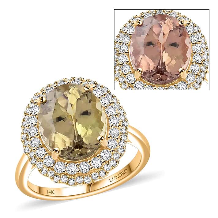 Certified & Appraised LUXORO 14K Yellow Gold AAA Turkizite, White Diamond I2 Double Halo Ring 5.15 Ct.