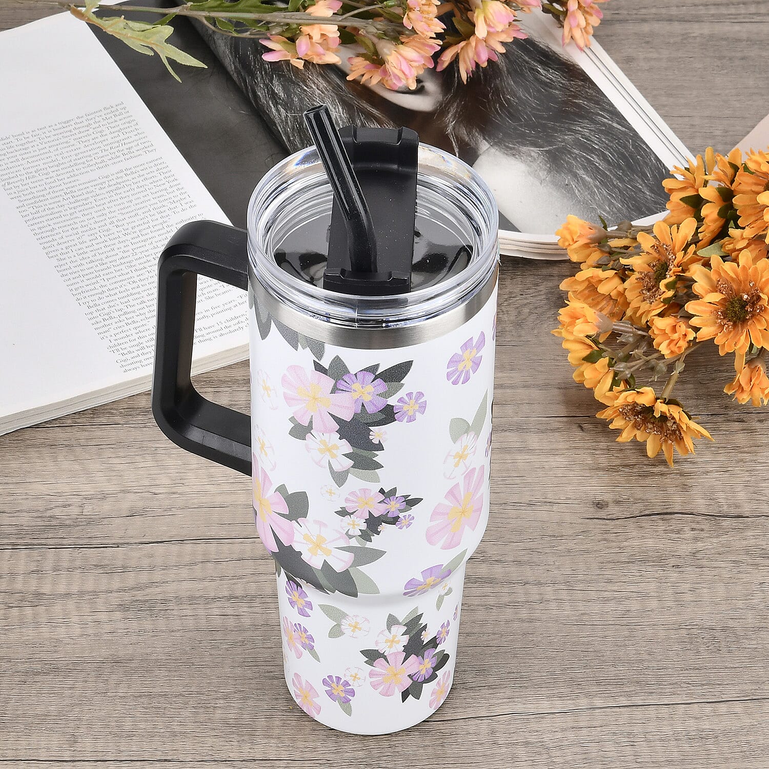 Double Wall Insulated Hot - Cold Stainless Steel Tumbler with Straw (Capacity 40 Oz) - Pink - White