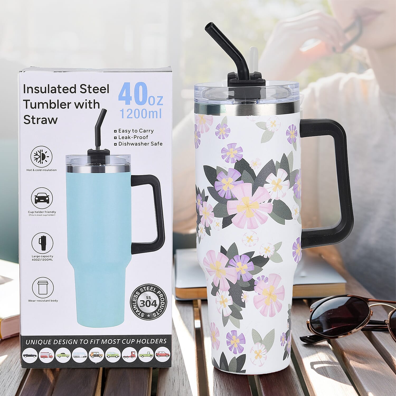 Double Wall Insulated Hot - Cold Stainless Steel Tumbler with Straw (Capacity 40 Oz) - Pink - White