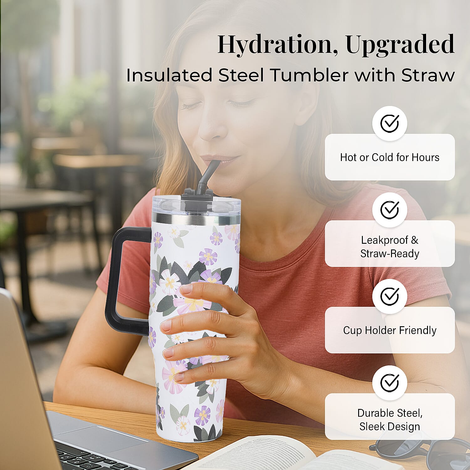 Double Wall Insulated Hot - Cold Stainless Steel Tumbler with Straw (Capacity 40 Oz) - Pink - White