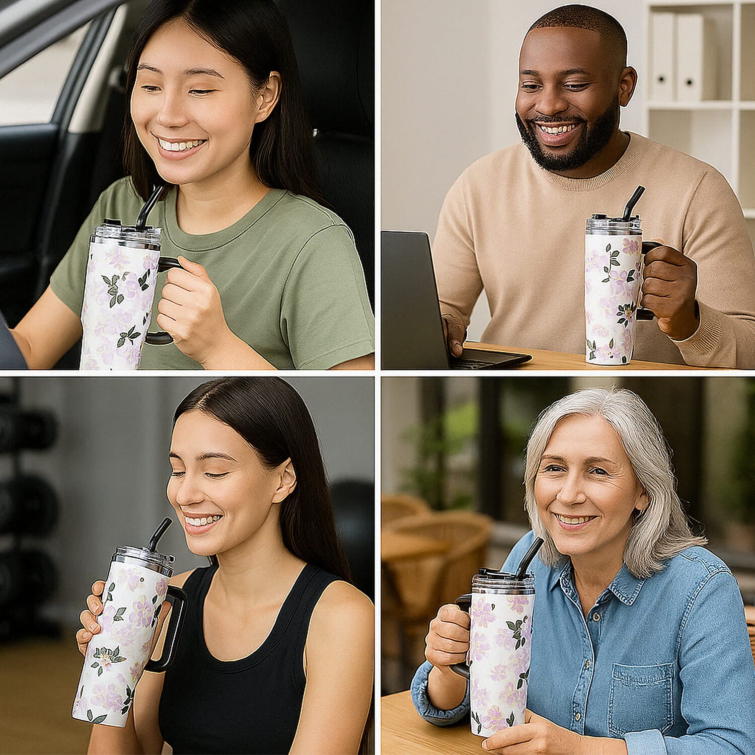 Double Wall Insulated Hot - Cold Stainless Steel Tumbler with Straw (Capacity 40 Oz) - Pink - White