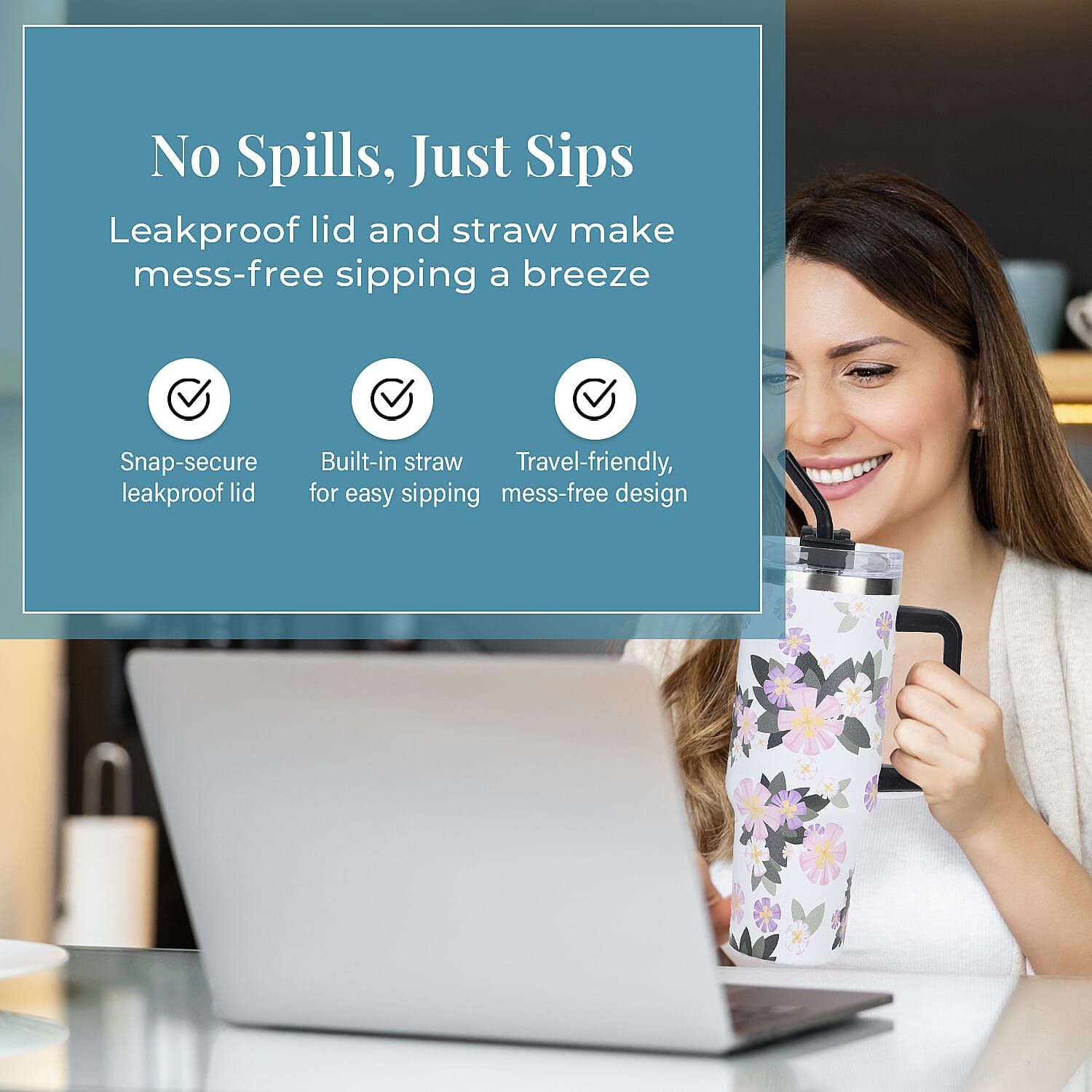 Double Wall Insulated Hot - Cold Stainless Steel Tumbler with Straw (Capacity 40 Oz) - Pink - White