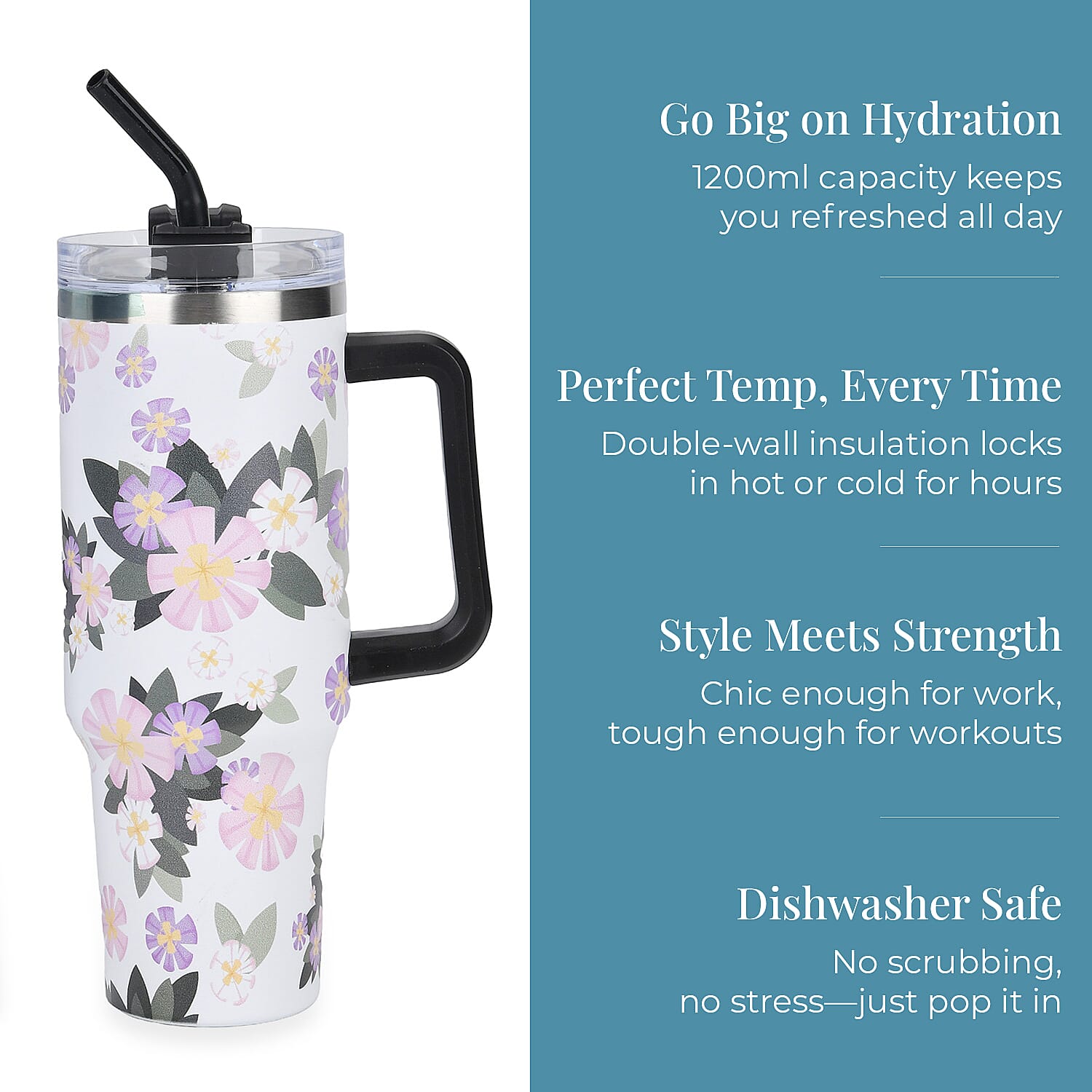 Double Wall Insulated Hot - Cold Stainless Steel Tumbler with Straw (Capacity 40 Oz) - Pink - White