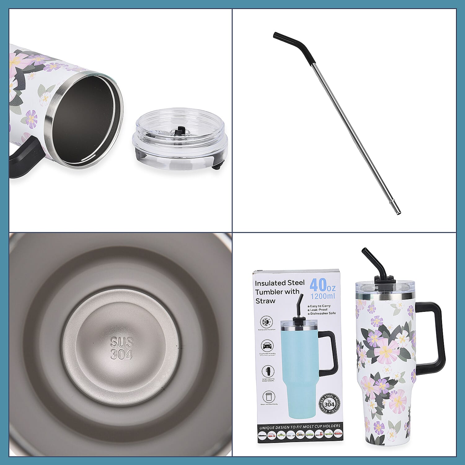 Double Wall Insulated Hot - Cold Stainless Steel Tumbler with Straw (Capacity 40 Oz) - Pink - White