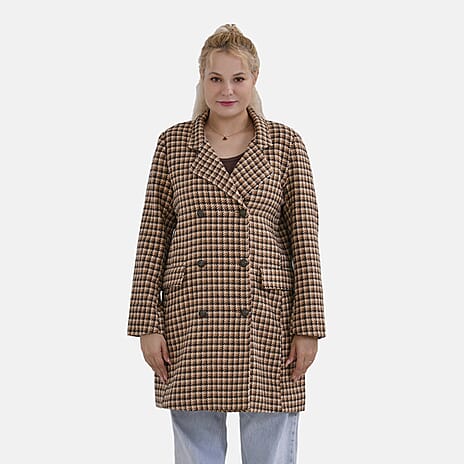La Marey Houndstooth Pattern Long Coat (Size S) - Brown