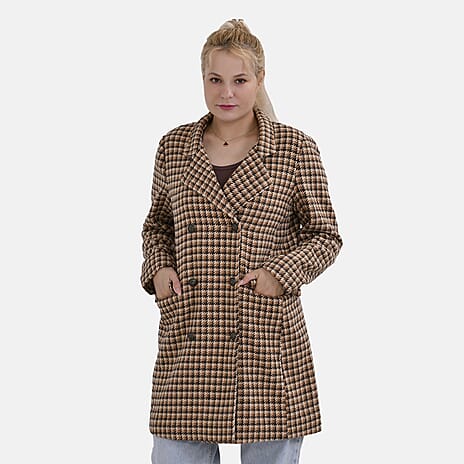 La Marey Houndstooth Pattern Long Coat (Size S) - Brown