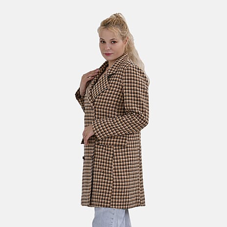 La Marey Houndstooth Pattern Long Coat (Size S) - Brown