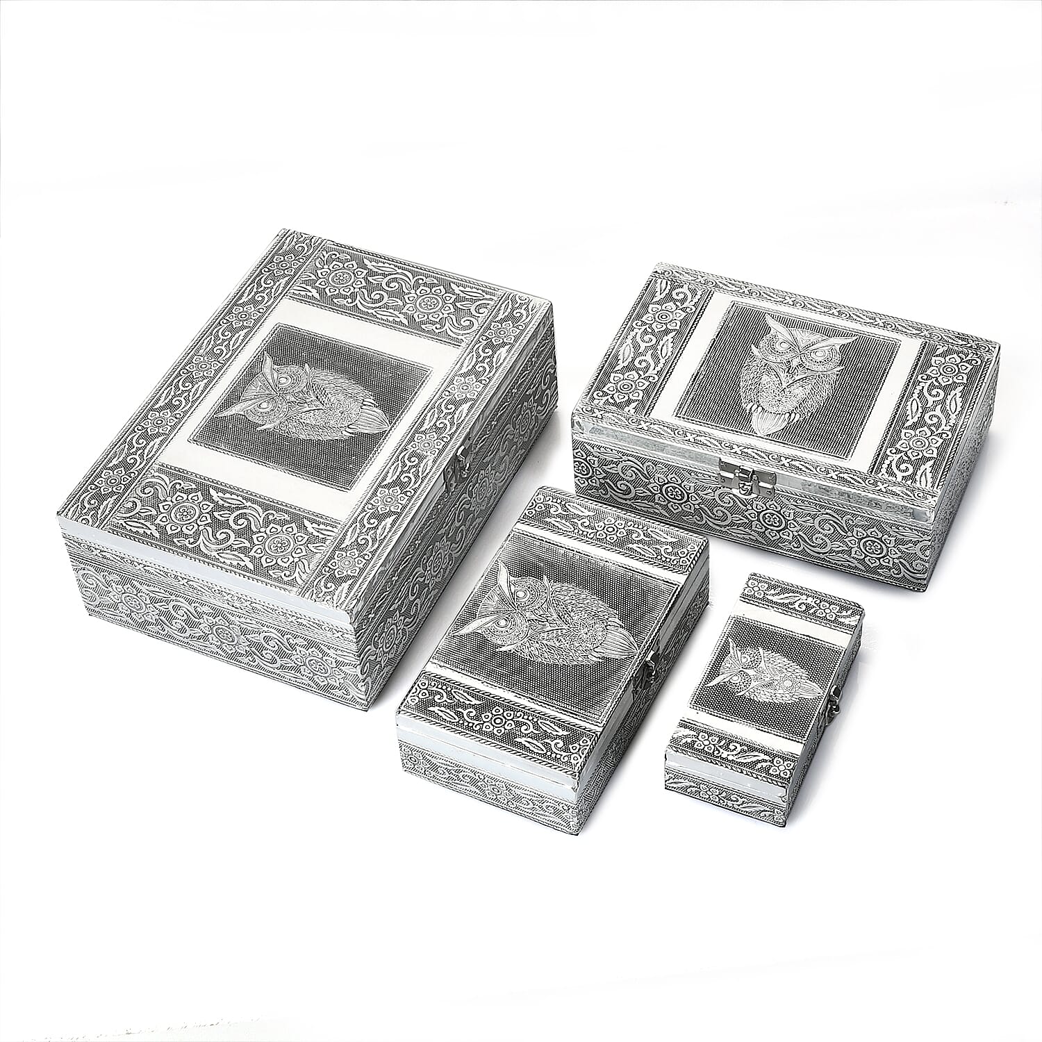 Set of 4 - Handcrafted OWL Embossed Vintage Storage Box (Size 24x17x8 cm) -