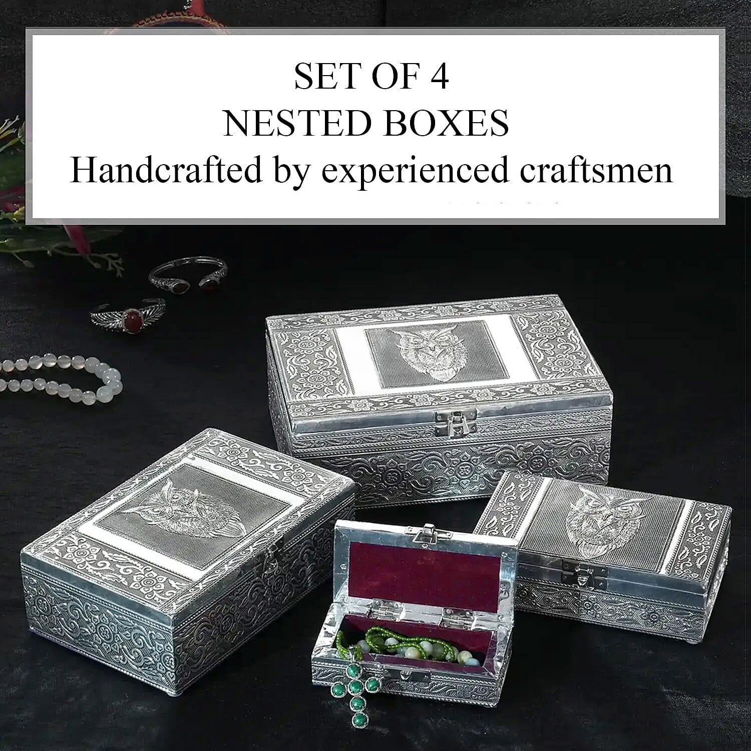 Set of 4 - Handcrafted OWL Embossed Vintage Storage Box (Size 24x17x8 cm) -