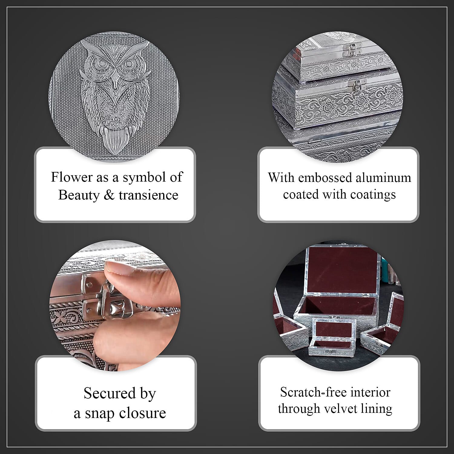 Set of 4 - Handcrafted OWL Embossed Vintage Storage Box (Size 24x17x8 cm) -