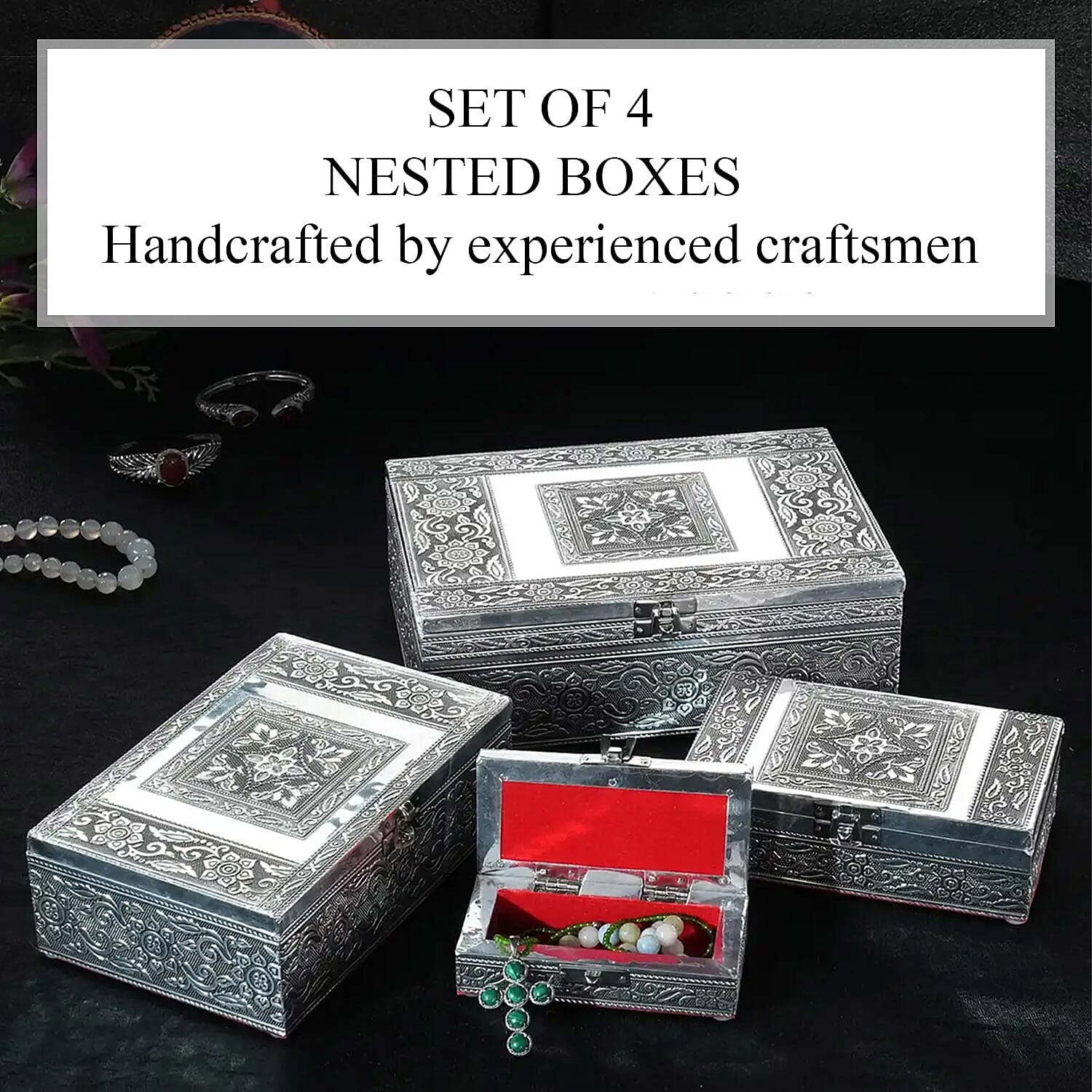 Brand New - Set of 4 - Handcrafted Flower Embossed Vintage Storage Box