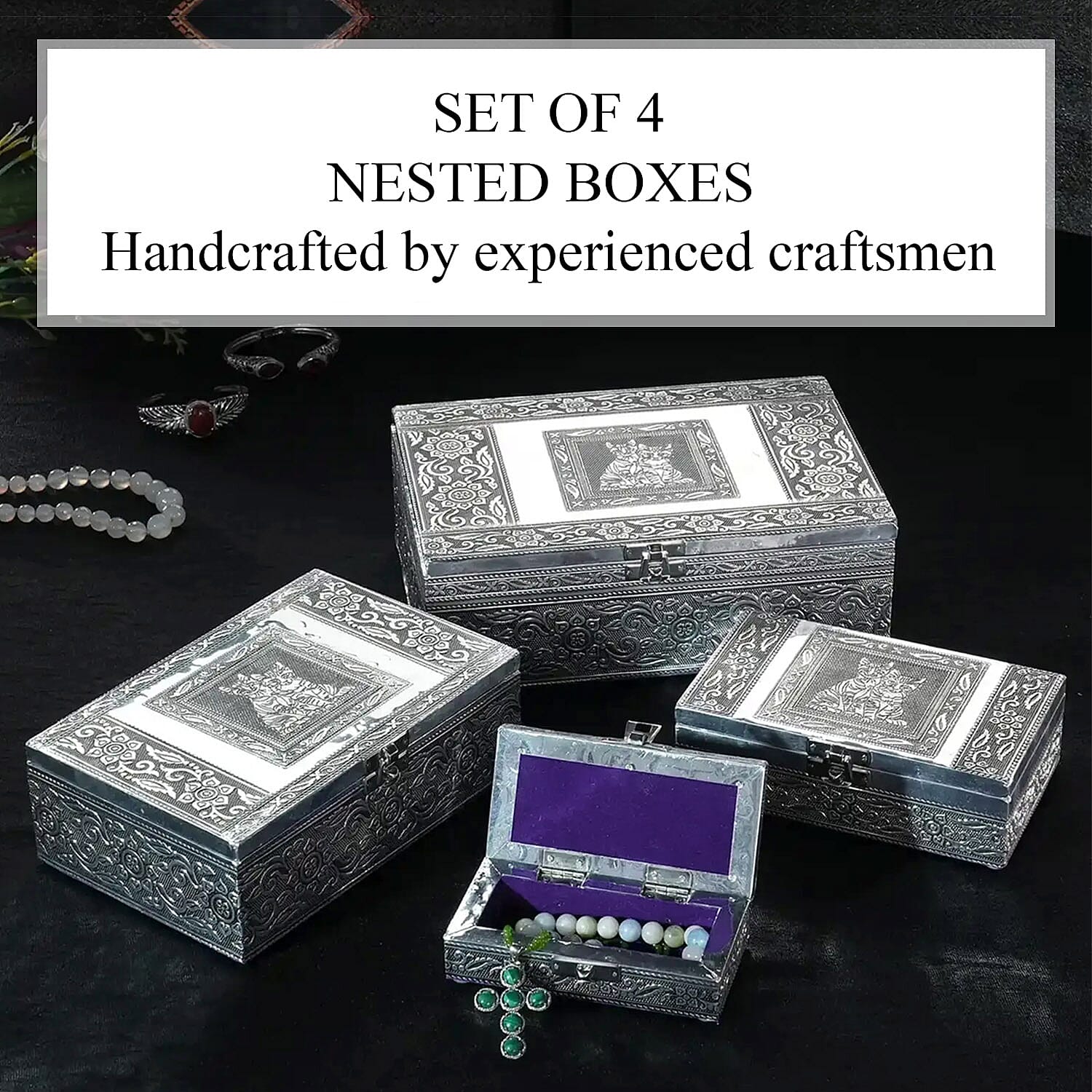 Brand New - Set of 4 - Handcrafted Cat Embossed Vintage Storage Box