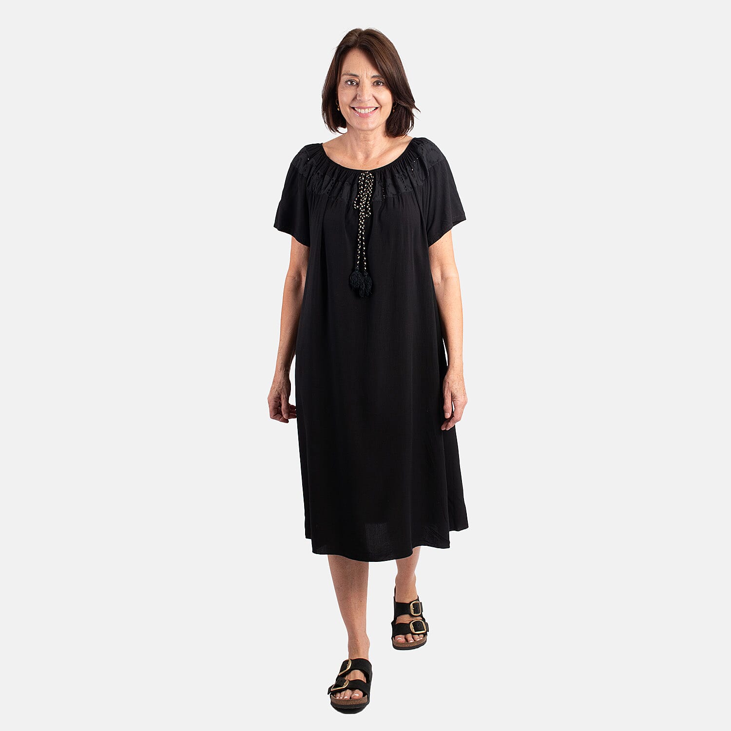 Pure and Nature 100% Viscose Woven Tie Front Midi Dress (One Size, 8-16) - Black