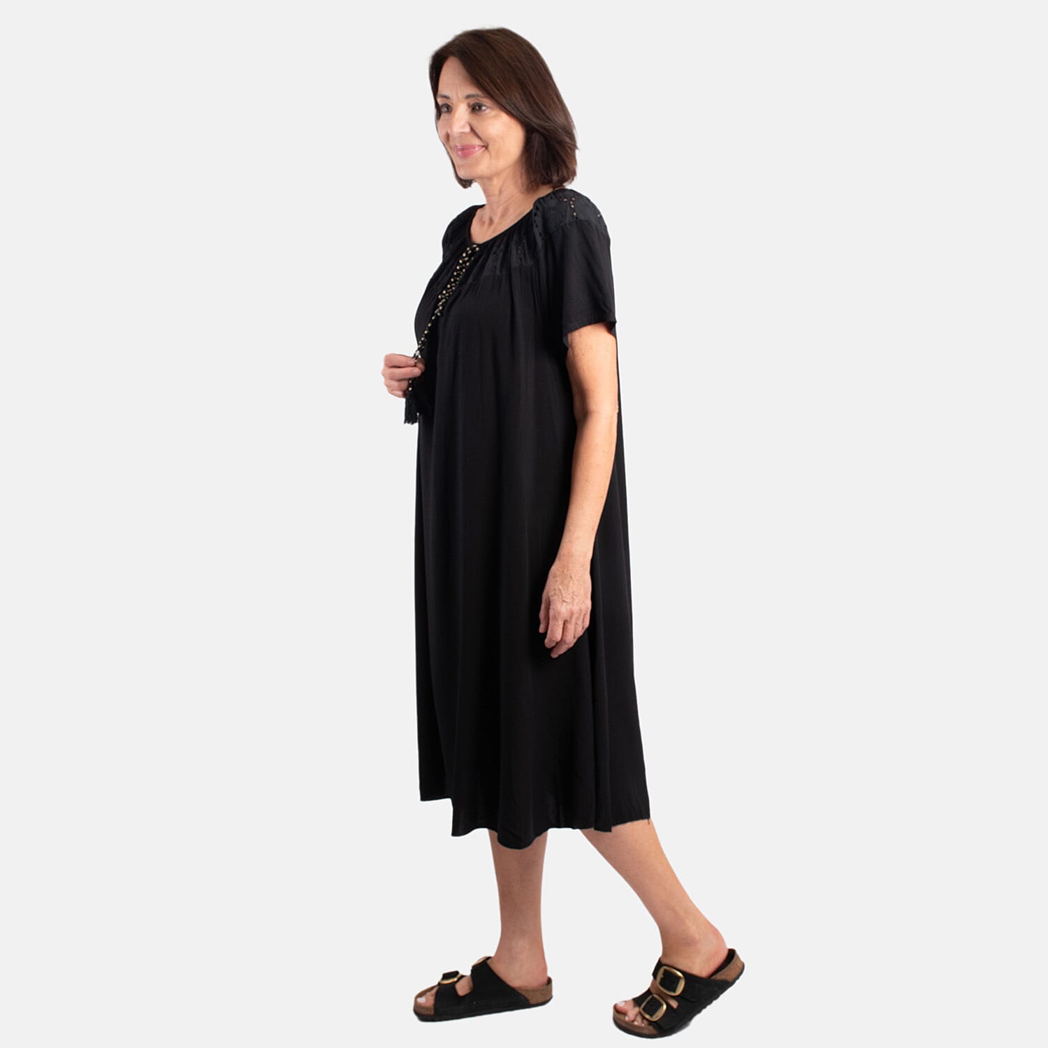 Pure and Nature 100% Viscose Woven Tie Front Midi Dress (One Size, 8-16) - Black