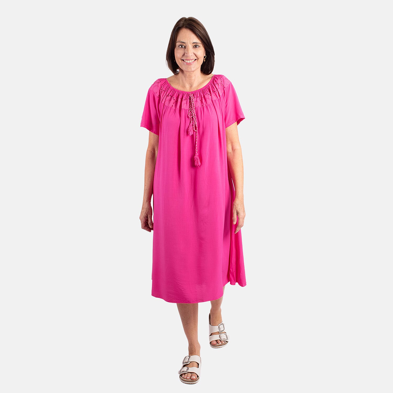 Pure and Nature 100% Viscose Woven Tie Front Midi Dress (One Size, 8-16) - Fuchsia
