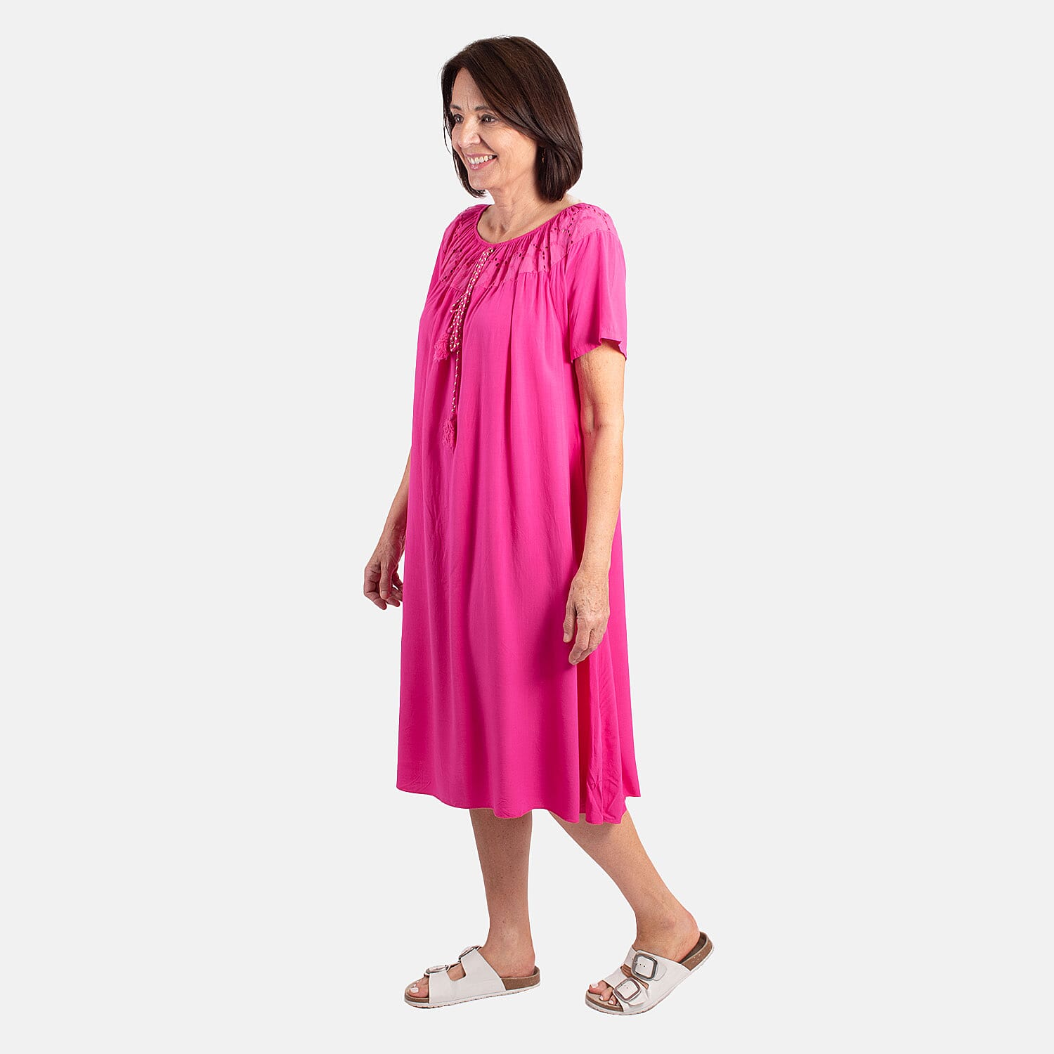 Pure and Nature 100% Viscose Woven Tie Front Midi Dress (One Size, 8-16) - Fuchsia