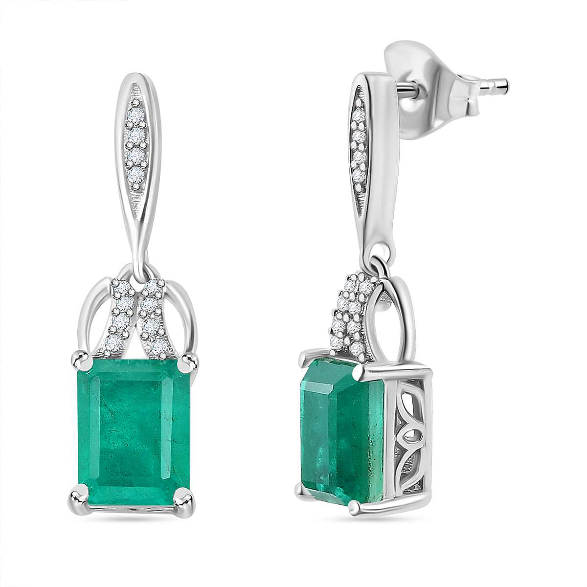 Emeraldine Triplet Quartz, White Zircon Fancy Dangle Earrings in Rhodium Plated Sterling Silver