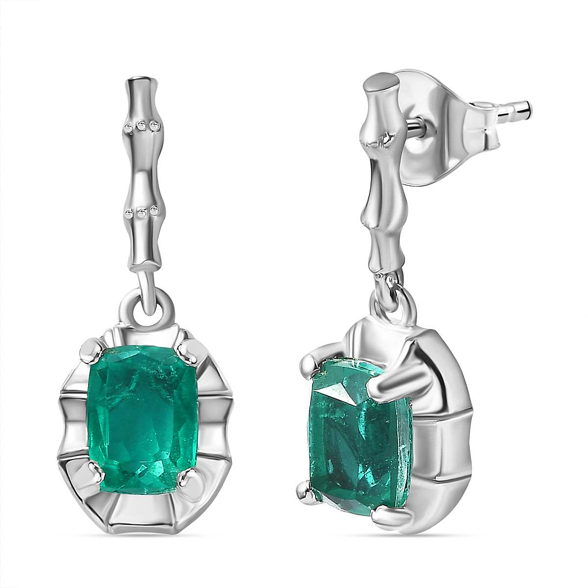 Emeraldine Triplet Quartz Solitaire Dangle Push Post Earrings in Rhodium Plated Sterling Silver3.648 Ct.