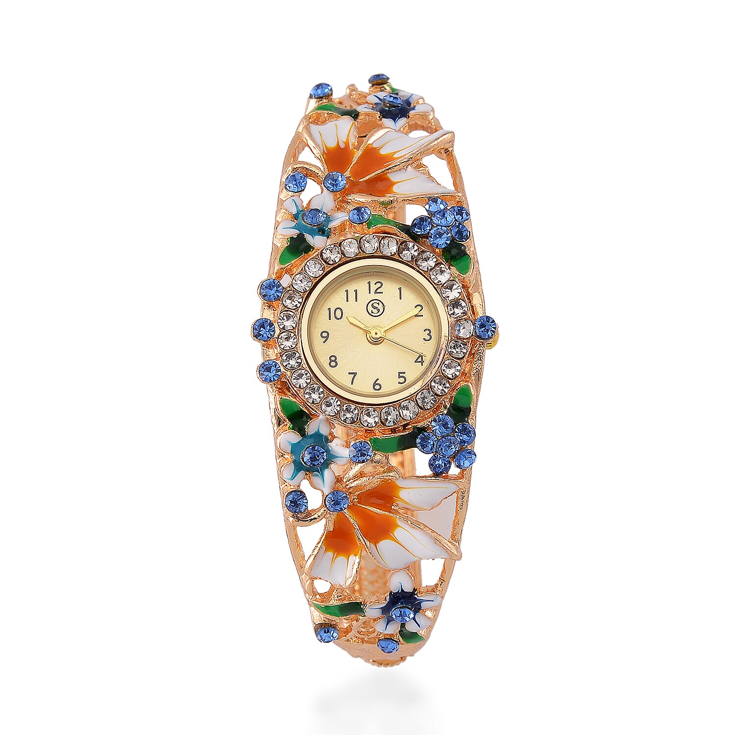 Multi Colour Crystal & Enamelled Bangle Watch With Gift Box
