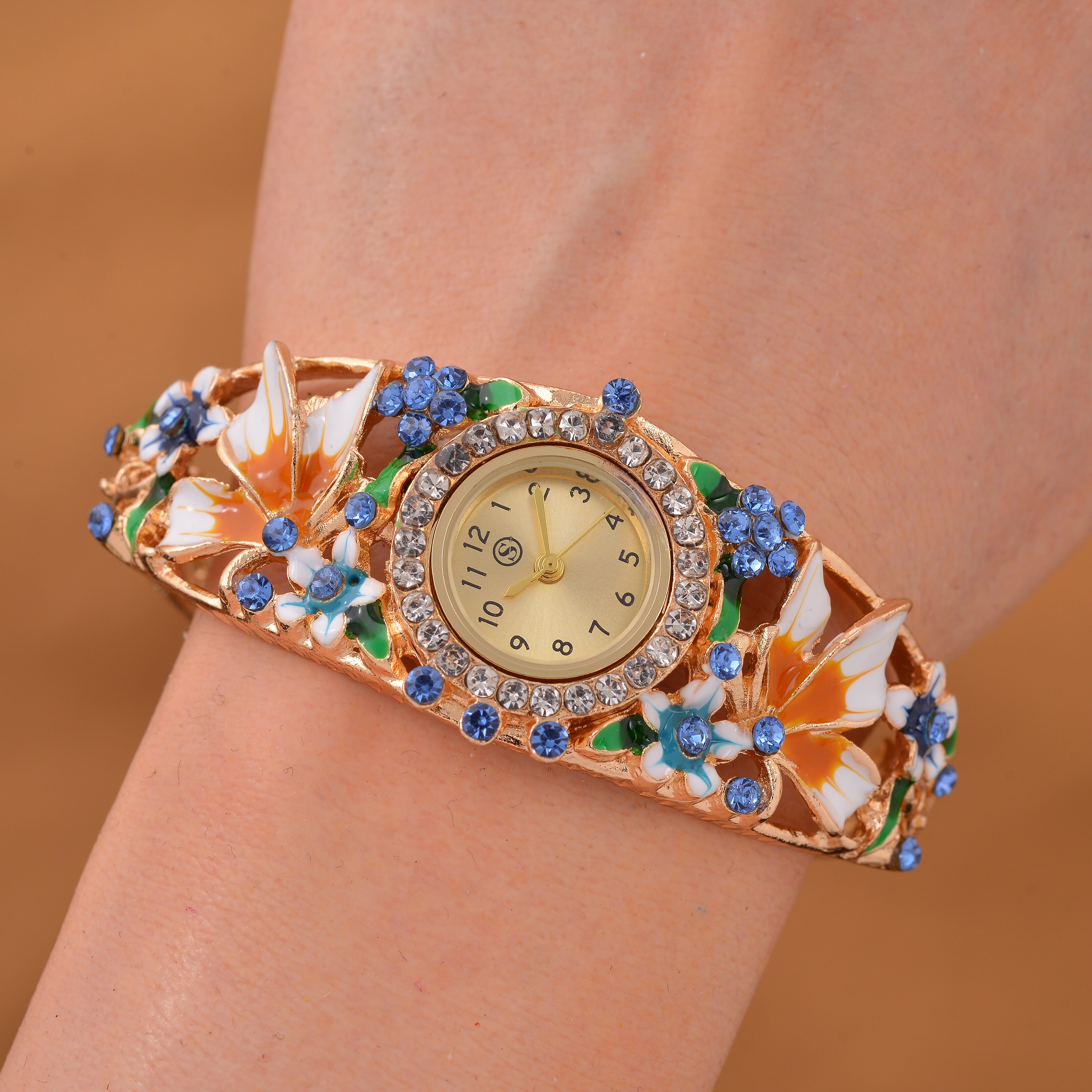 Multi Colour Crystal & Enamelled Bangle Watch With Gift Box