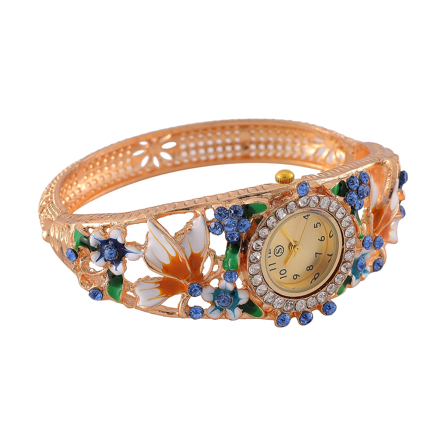 Multi Colour Crystal & Enamelled Bangle Watch With Gift Box