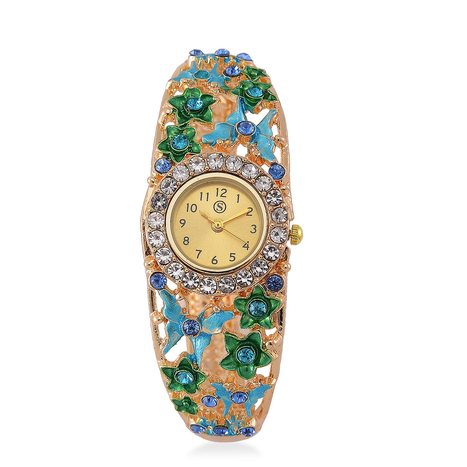 Multi Colour Crystal & Enamelled Bangle Watch With Gift Box