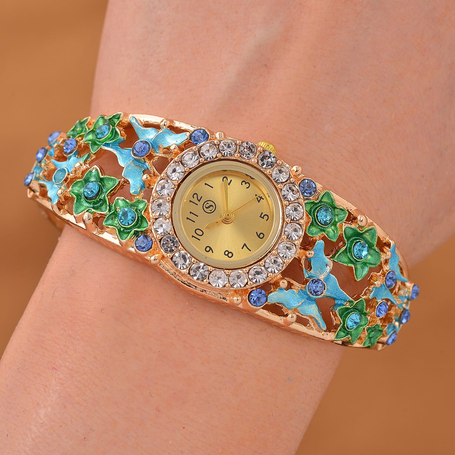 Multi Colour Crystal & Enamelled Bangle Watch With Gift Box