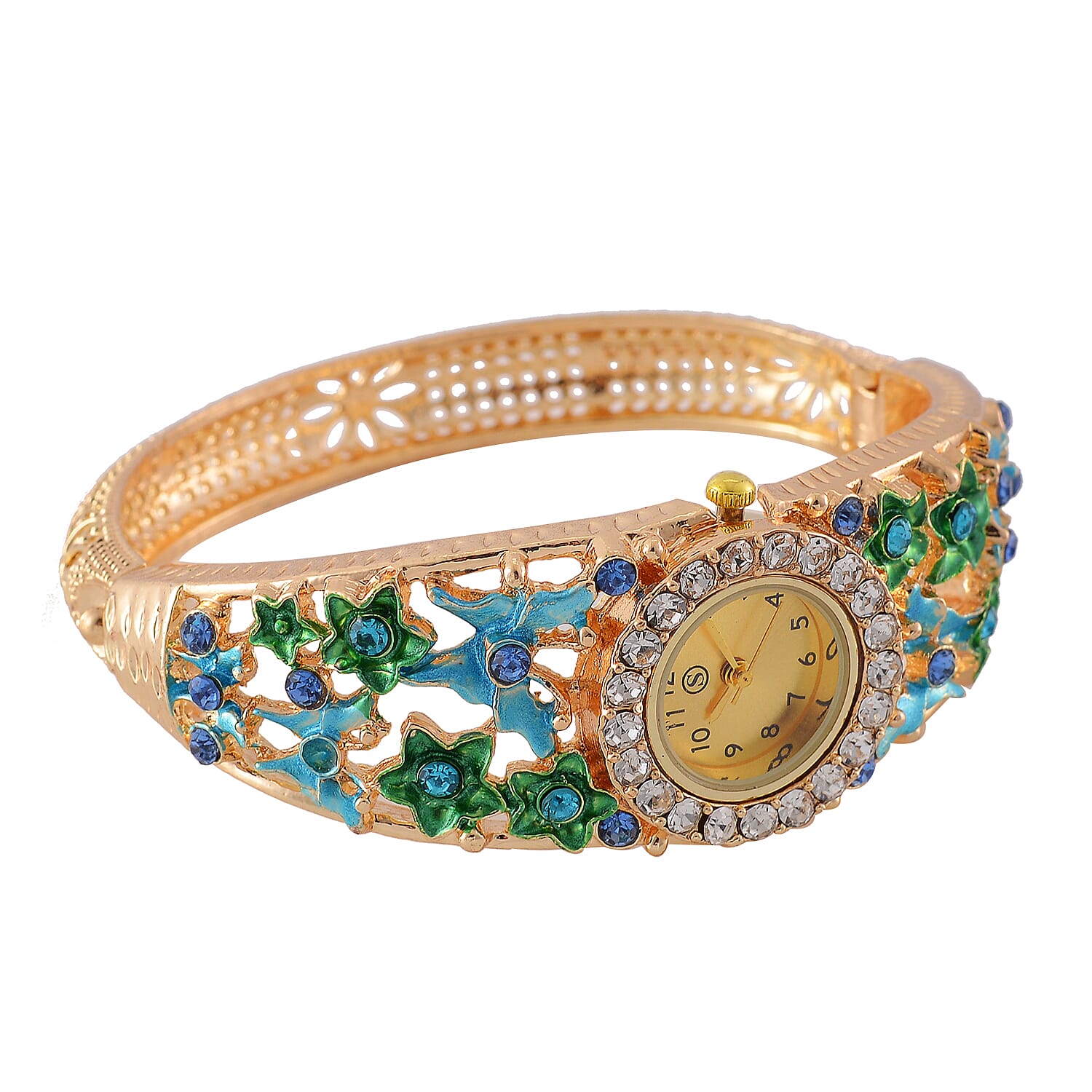 Multi Colour Crystal & Enamelled Bangle Watch With Gift Box