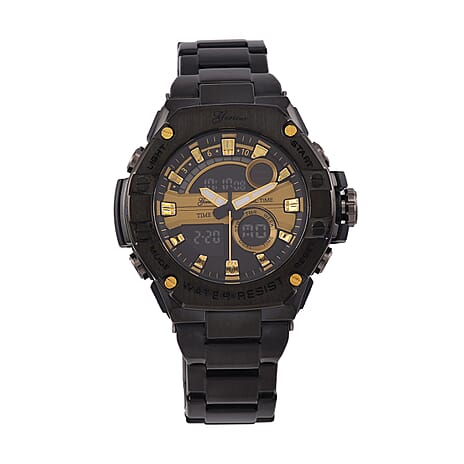GENOA TIME V2 Japan Movement 5ATM Water Resistant Gold Dial Mens Watch with Black Colour Stainless Steel Strap