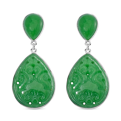Green Carved Jade Push Back Earring in Rhodium Sterling Silver 30.00 Ct.