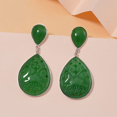Green Carved Jade Push Back Earring in Rhodium Sterling Silver 30.00 Ct.