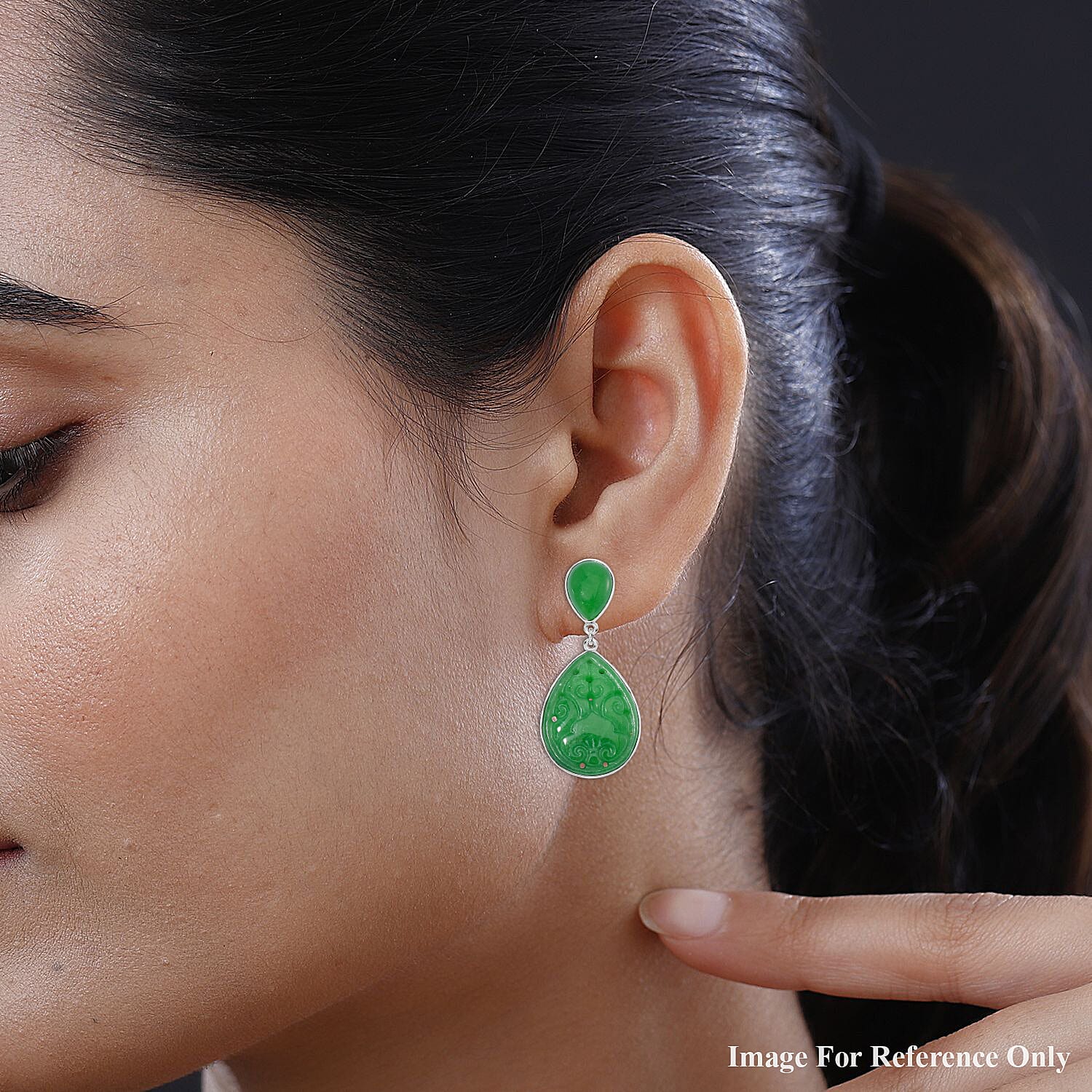 Green Carved Jade Earring in Rhodium Sterling Silver 30.000  Ct.