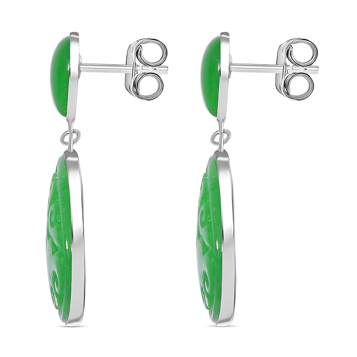 Green Carved Jade Earring in Rhodium Sterling Silver 30.000  Ct.
