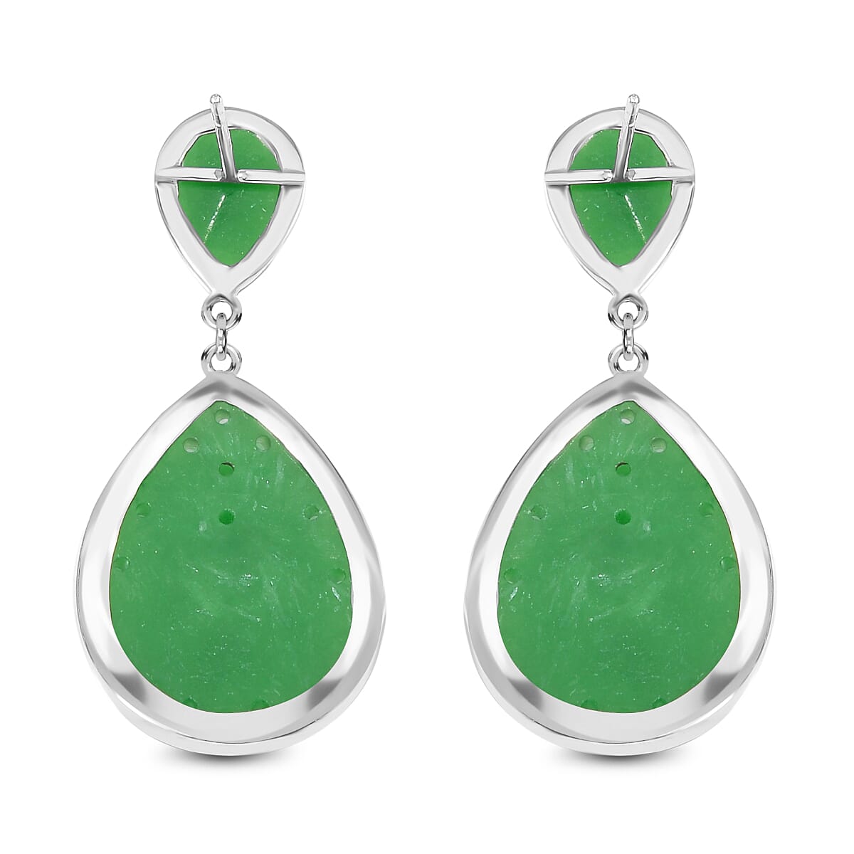 Green Carved Jade Earring in Rhodium Sterling Silver 30.000  Ct.