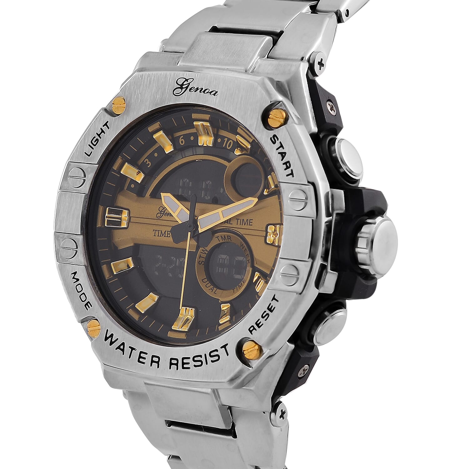 GENOA TIME V2 Japan Movt. 5ATM Water Resistant Gold Dial Mens Watch with Silver Colour Stainless Steel Strap