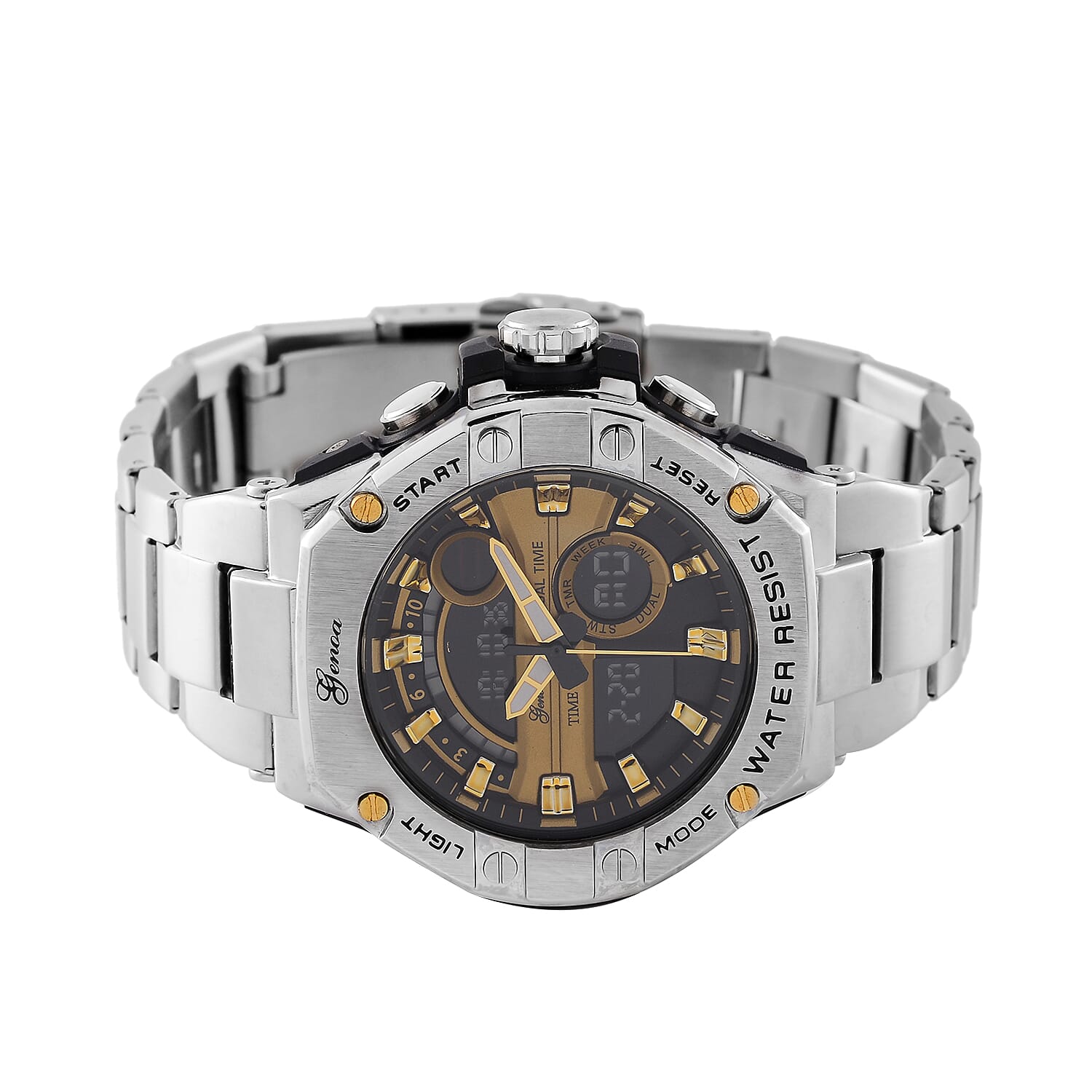 GENOA TIME V2 Japan Movt. 5ATM Water Resistant Gold Dial Mens Watch with Silver Colour Stainless Steel Strap