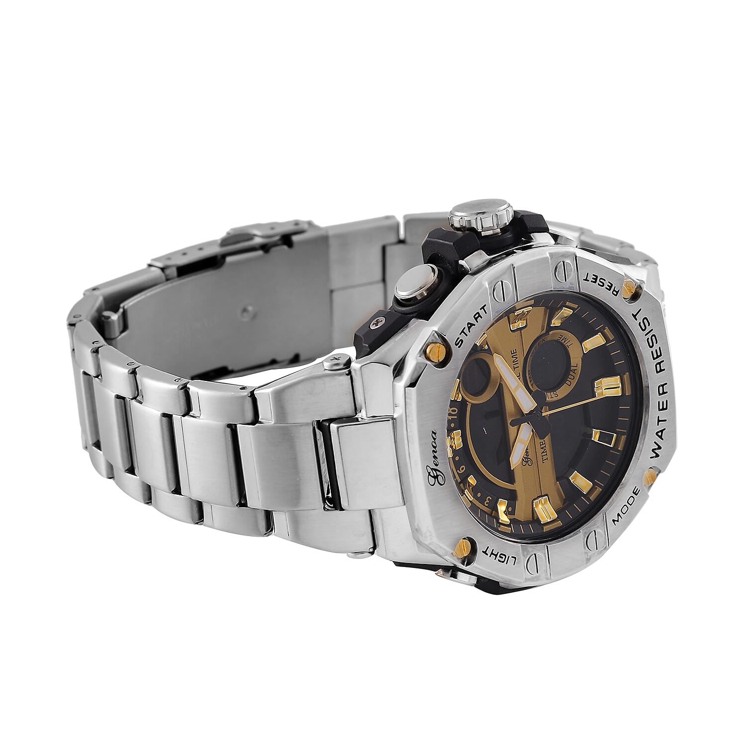 GENOA TIME V2 Japan Movt. 5ATM Water Resistant Gold Dial Mens Watch with Silver Colour Stainless Steel Strap