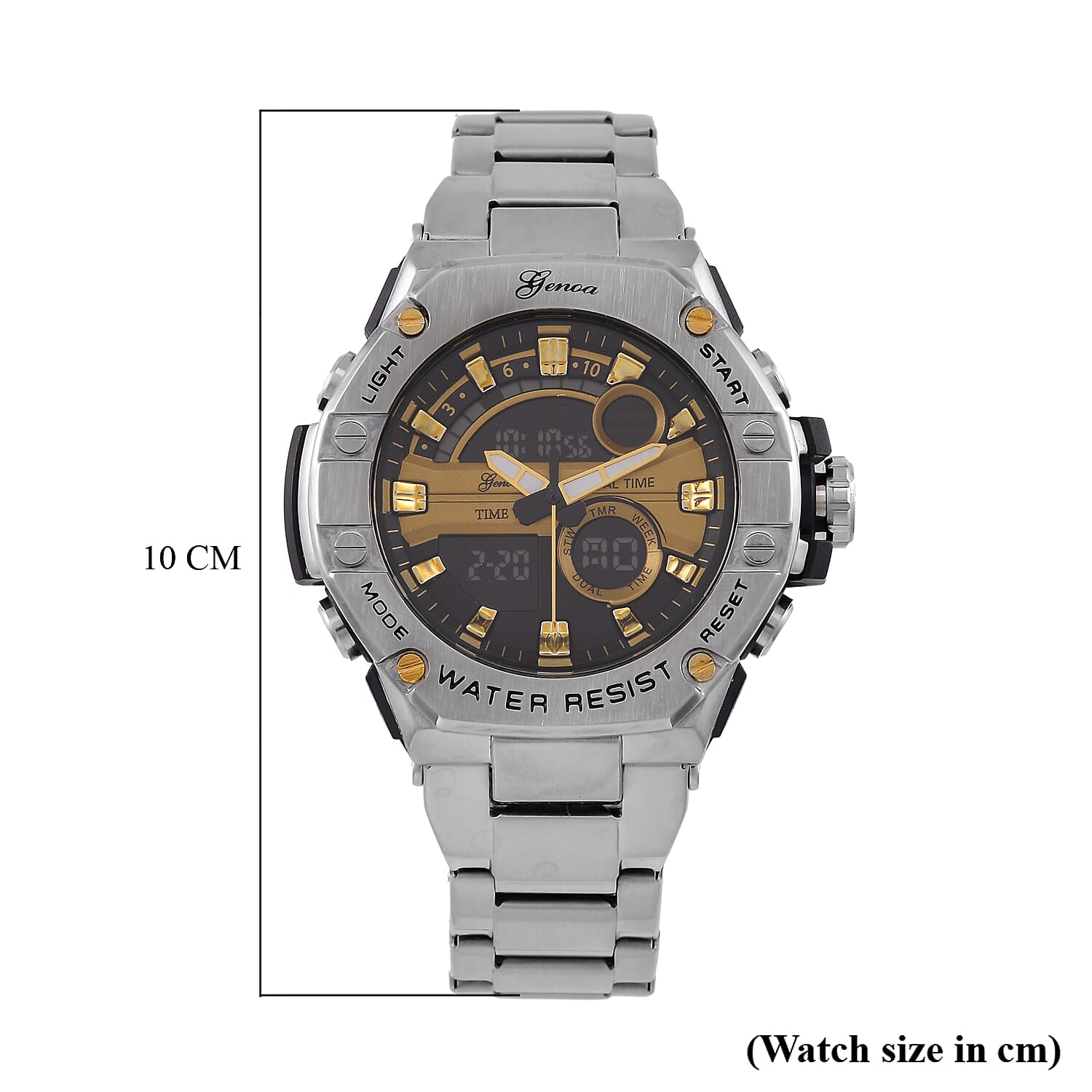 GENOA TIME V2 Japan Movt. 5ATM Water Resistant Gold Dial Mens Watch with Silver Colour Stainless Steel Strap