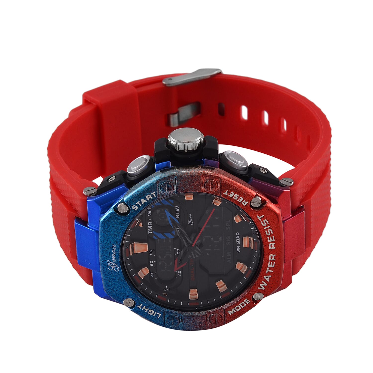 GENOA TIME V2 Japan Movt. 5ATM Water Resistant Black Dial Mens Watch with Red & Blue Tone TPU Strap GENOA TIME V2 Japan Movt. 5ATM Water Resistant Black Dial Mens Watch with Red & Blue Tone TPU Strap